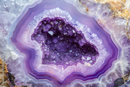 Macro image of a stunning purple geode crystal with sharp amethyst points and intricate banding. A dazzling natural formation ideal for backgrounds, wellness, mineralogy, or spiritual themes.