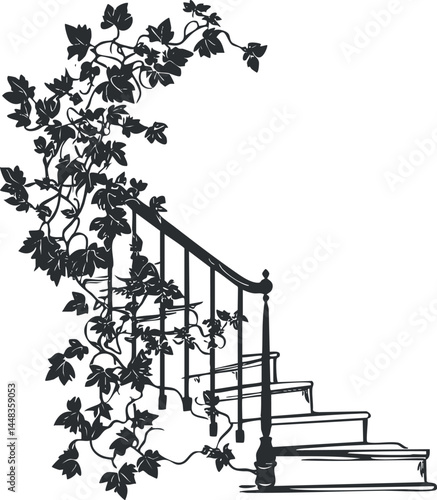 Black and white silhouette of a staircase railing entwined with climbing ivy vine leaves