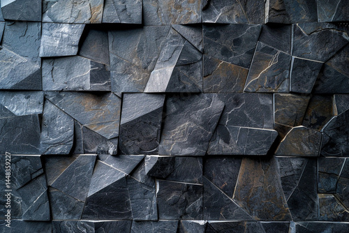 The stunning slate stone wall showcases intricate geometric patterns, a rough surface, and timeless craftsmanship, radiating a textured beauty that is truly awe inspiring   photo