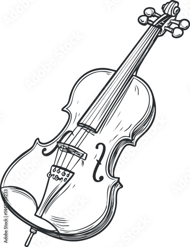 Hand-drawn black and white sketch of a violin, a classical string instrument used in orchestras and music performances.