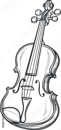 Black and white sketch illustration of a classical violin musical instrument for orchestra and performance.