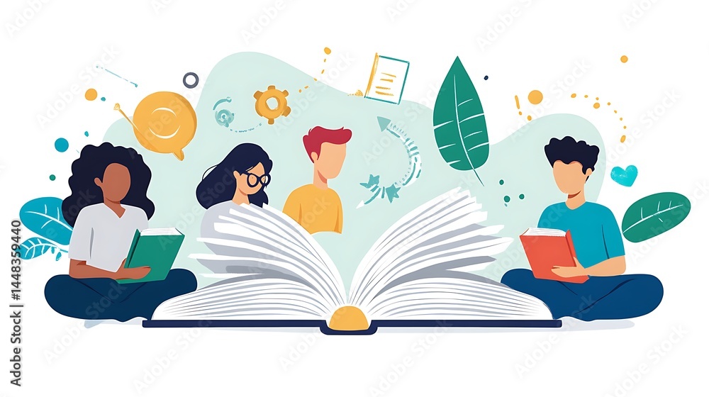 People Reading From Big Book with Abstract Educational Design Elements People Reading From Big Book with Abstract Educational Design Elements