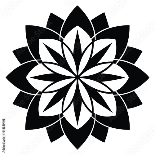 abstract mandala flower, black and white geometric floral pattern, minimalist stylized lotus design, symmetrical radial symmetry, high contrast sharp edges