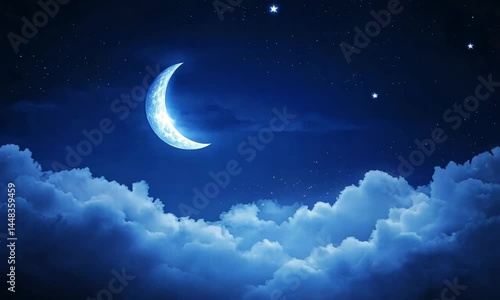 cartoon soft and calm illustration of night sky with crescent moon and stars floating above clouds. space for text. evening themed content, dreamy art and children's stories