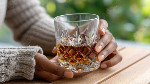 African American woman enjoys a glass of whiskey in a cozy setting, with a soft focus enhancing the warm atmosphere of the bar