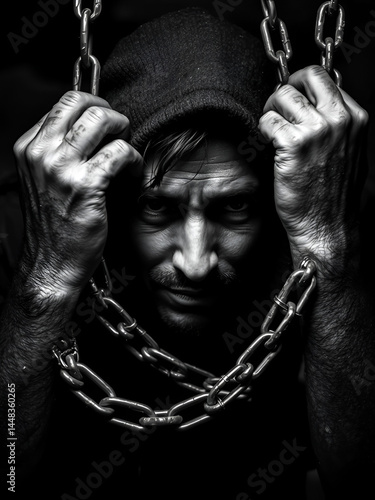 Man Bound by Chains  Dark Dramatic Portrait  Captive  Despair   Emotional   Black and Whit