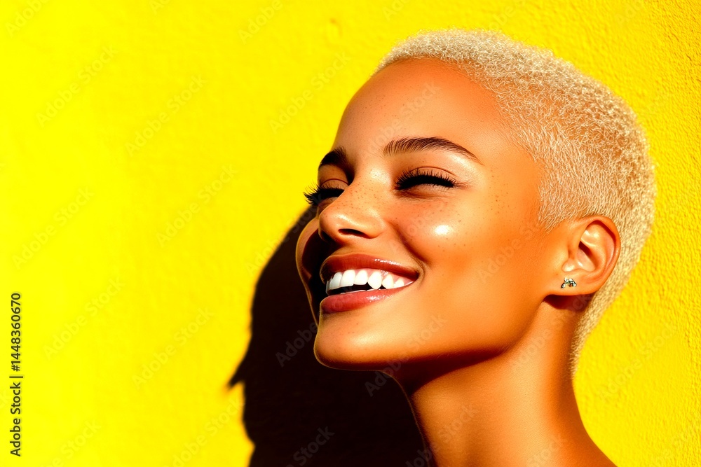 Commercial commercial visual layout. Short haircut - highlighted hair. Lovely smiling mixed-race girl - for ads, media and internet use. Black model portrait photo. Colored woman concept shoot.