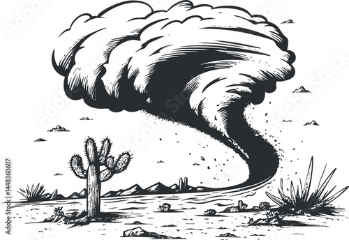 Black and white illustration of a tornado twisting through a dry desert landscape with cacti and scattered rocks