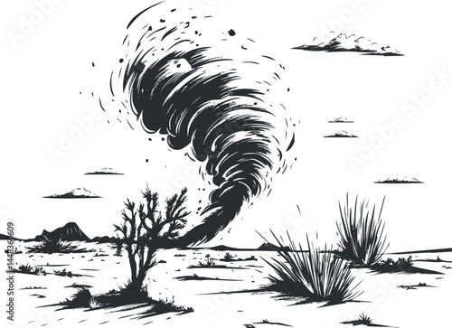 Black and white illustration of a tornado swirling in a dry desert landscape with sparse vegetation and clouds.