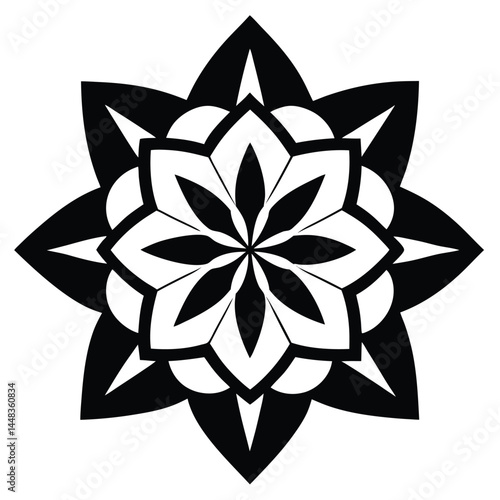 a black and white geometric floral mandala, intricate abstract symmetrical design, detailed hypnotic pattern, striking visual, mesmerizing digital art
