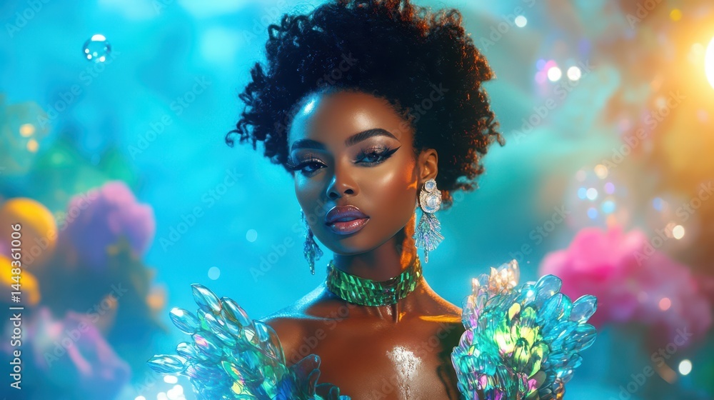 Enchanting Radiance: A captivating woman with radiant skin and a mesmerizing gaze, adorned in sparkling jewels and set against a vibrant, dreamlike backdrop.