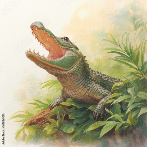 Lively Crocodile Emerging from Lush Greenery in Soft Focus Background