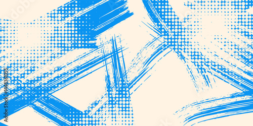 Grainy blue spiral brush stroke with spray texture. Hand drawn distress damaged edge vintage banner with spiral bold line. Grainy bold brush strokes texture with scattered tiny dot