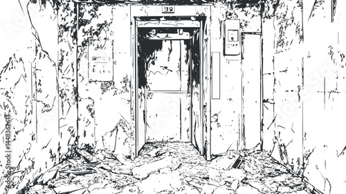 Abandoned and ruined elevator hallway with debris and damaged walls showing urban decay and neglect