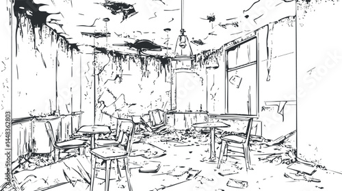 Abandoned and dilapidated room with broken furniture and debris scattered across the floor in a ruined interior