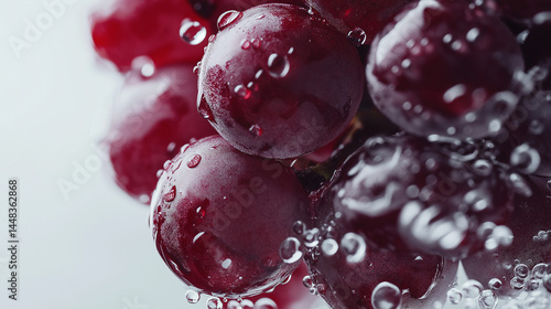Close-up of red grapes with water droplets on white background