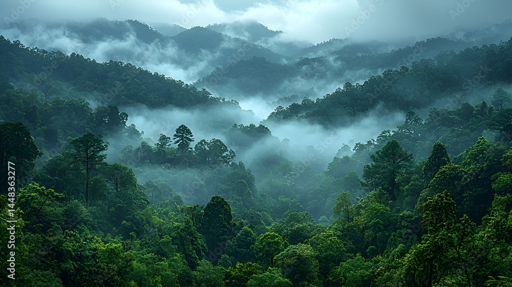 Obraz premium Misty mountain landscape with lush green forest.