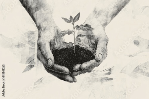 Two hands gently cradling a small plant and a clump of soil, symbolizing growth and nurturing.