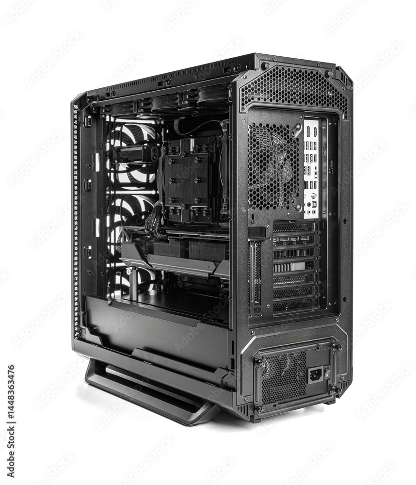This image shows a high-performance PC case with a clear side view of its internal components, including CPU cooling, GPU, and efficient airflow design.