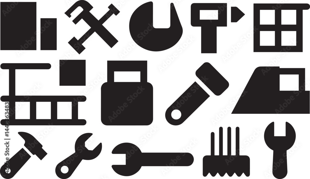 Obraz premium Black Construction Tools Icon Set on White Background