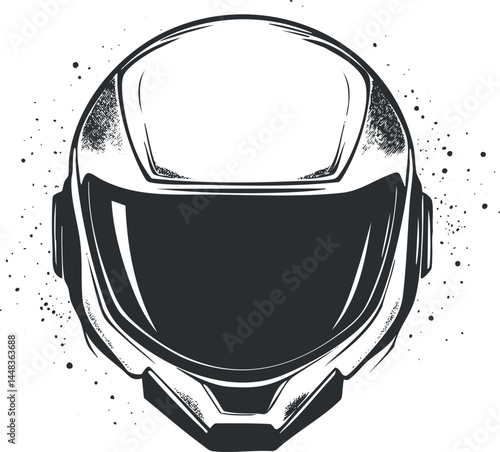 Black and white illustration of a motorcycle helmet with a reflective visor and protective design