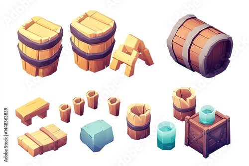 Fototapeta Naklejka Na Ścianę i Meble -  Isometric 3D wooden barrels, crates, stools, and ice assets