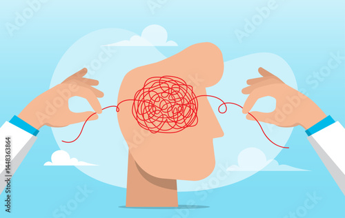 A stylized human head with a tangled red thread inside