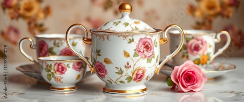 Elegant antique porcelain tea set, delicate floral pattern, gold trim,  gold trim,  collectible