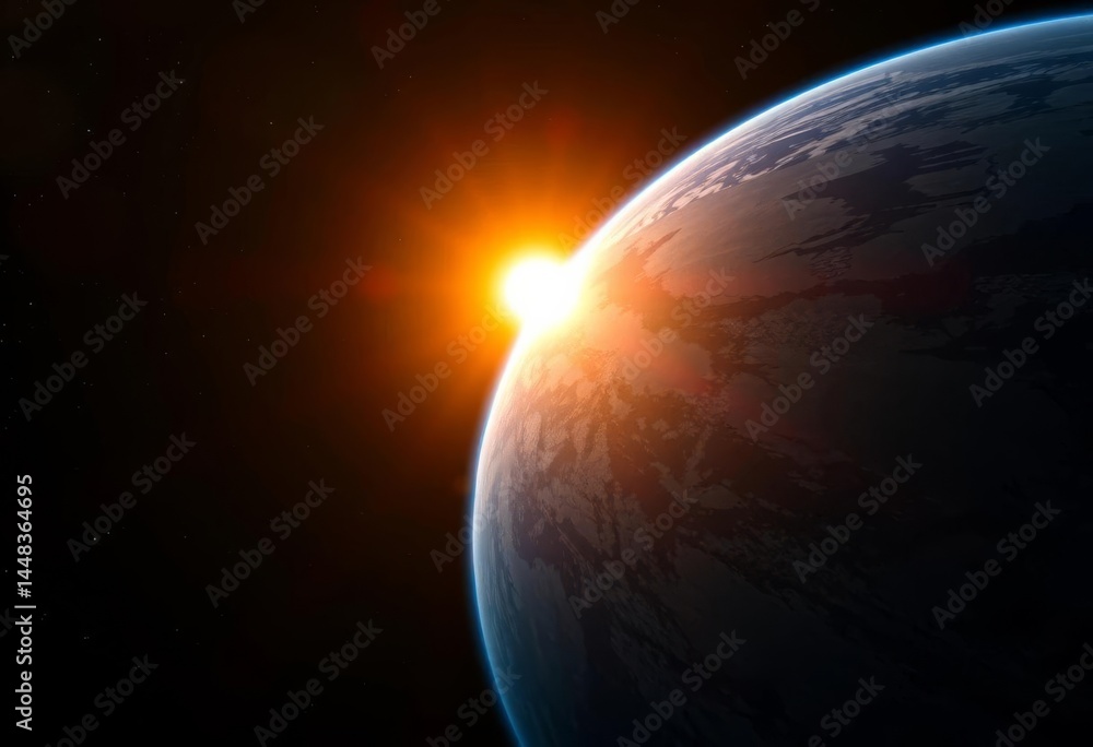 Fototapeta premium Sun rising over Earth's night side, seen from space, photo, atmosphere