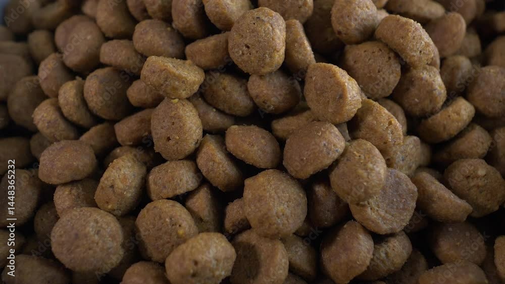 Macro close-up. Dry cat food in a bowl on a turntable. Pet food. Slow motion. Macro close-up. Dry cat food in a bowl on a turntable. Pet food. Slow motion.