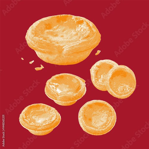 Egg tart, egg tart vector, egg tart illustration, line drawing on red background.