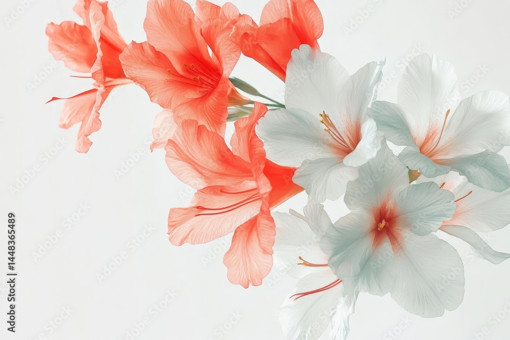 Obraz premium Delicate bouquet of coral and pale flowers in soft light.