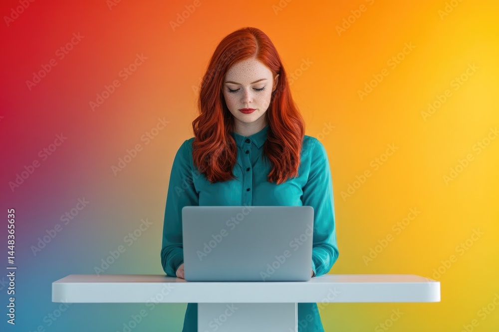 Naklejka premium Redhead woman concentrating on her laptop work against a vibrant, colorful background.