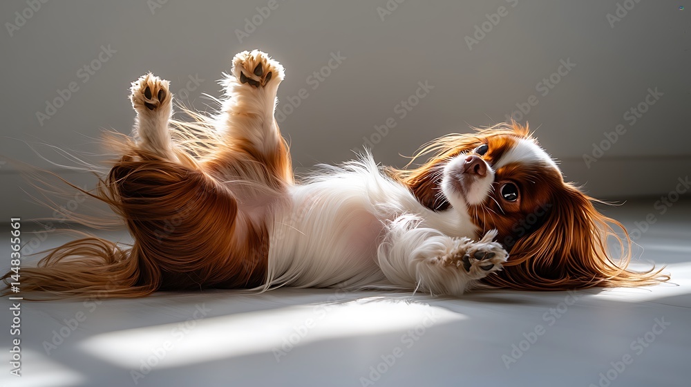 Naklejka premium Playful dog lying on floor, paws in the air, bathed in sunlight.
