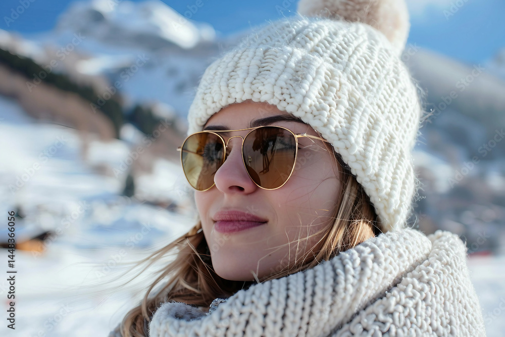 Image of female traveler resting in mountains created by generative AI Image of female traveler resting in mountains created by generative AI
