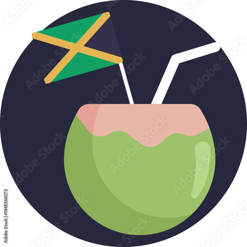 A tropical coconut drink with a straw, representing a relaxed, island vibe.
