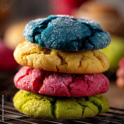Stack of colorful cookies resting on a napkin – ideal for bakery ads and fun dessert branding