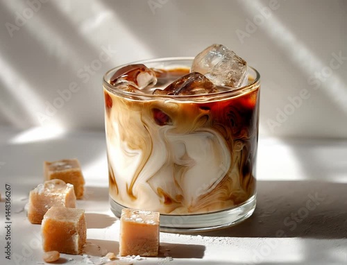 Swirled iced coffee in a glass with ice cubes, milk and sugar – great for café menus and cold brew campaigns