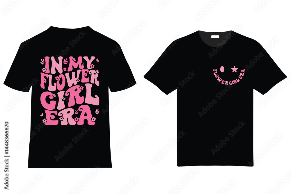 Naklejka premium Black Tshirts Featuring Flower Girl Era Designs Front And Back Apparel Mockup Displaying Girly Graphic Prints For Fashion Retail
