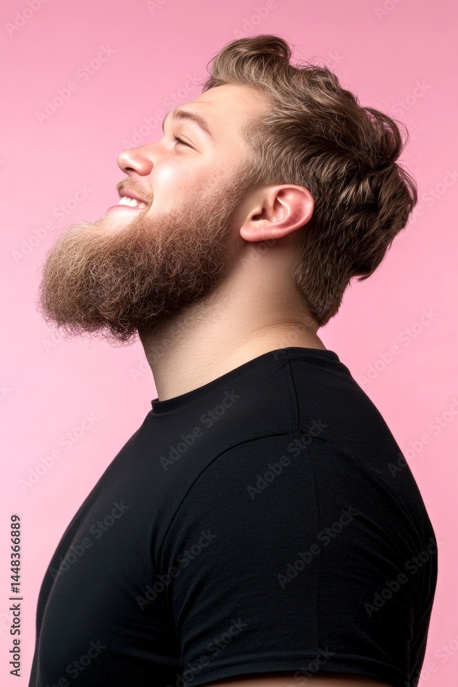 Trendy men's low fade haircut - midlife white man with blond hair. Artwork of style for aging men. A modern and happy gentleman enjoying his moment. Pink solid background.