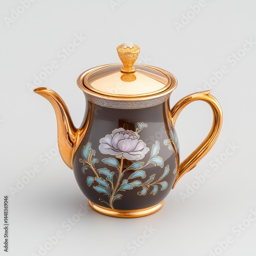 Elegant Black Teapot with Floral Design and Golden Accents