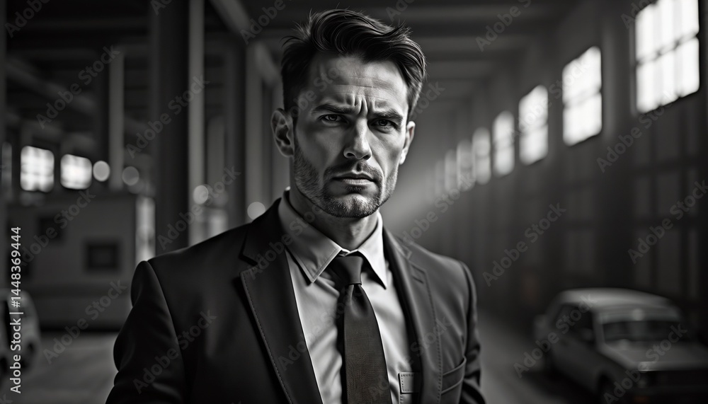 Serious man in a suit looking straight at the camera in a dramatic industrial setting