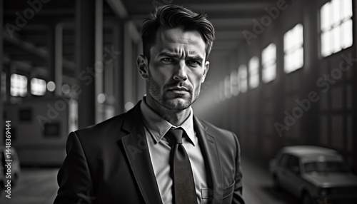 Obraz na płótnie Serious man in a suit looking straight at the camera in a dramatic industrial setting
w salonie