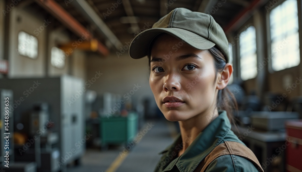 Young woman in a work uniform and cap looking confidently in an industrial workshop