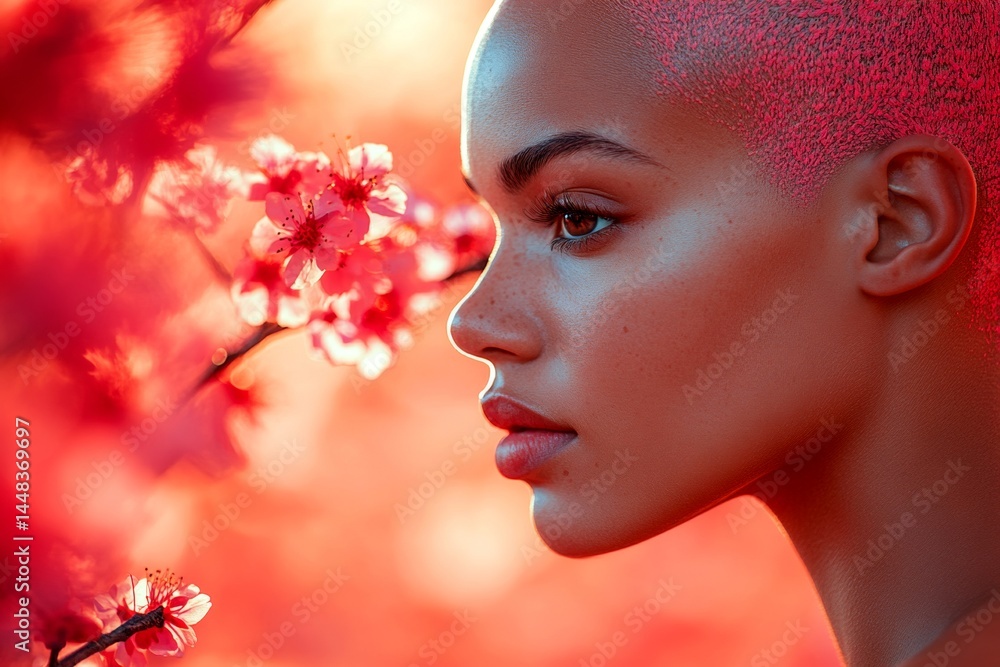 Lovely caucasian young woman surrounded by cherry blossoms. Spring mood, golden hour in sunset. Commercial ad campaign concept. Bright woman in floral park. Woman posing under cherry blossoms.