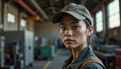 Young woman in a work uniform and cap looking confidently in an industrial workshop