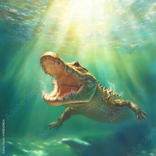 Majestic Crocodile Swimming Underwater with Sunlight Reflection