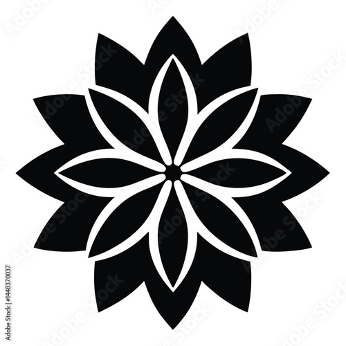 a black and white floral pattern, symmetrical lotus flower design, intricate mandala style, minimalist geometric art
