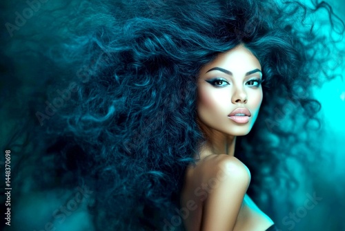 Obraz na płótnie Commercial commercial idea pattern. Lovely calm mixed-race girl - for ads, billboard and web marketing banner use. Long haircut - curly hair. Black woman fashion models. Vibrant colored hair. w salonie
