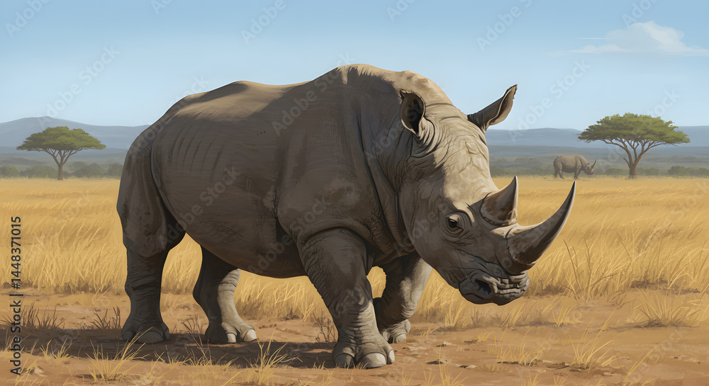 Fototapeta premium Majestic Rhino in the African Savanna: A Digital Painting